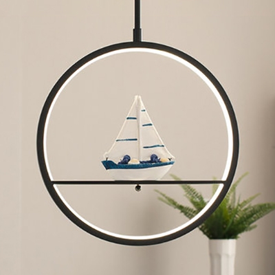 Simple Style Ring Pendant Lamp with Cartoon Pattern Metal Hanging Light in Black for Study Room