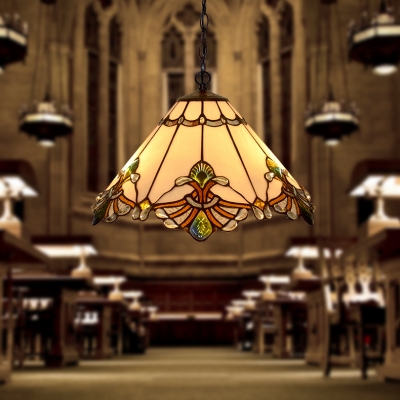 Stained Glass Cone Pendant Light 2 Lights Tiffany Antique Ceiling Lamp for Study Room