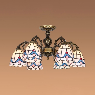 Stained Glass Dome Pendant Light 5/6 Lights Tiffany Style Antique Chandelier for Dining Room