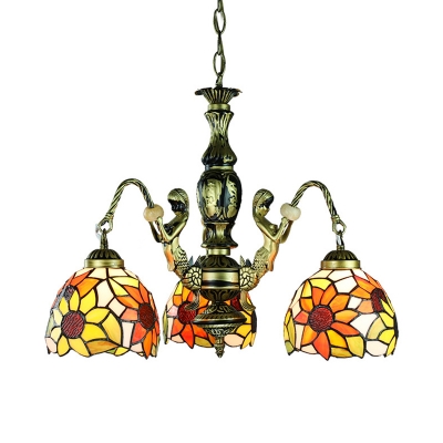 Stained Glass Sunflower Chandelier 3 Lights Tiffany Style Rustic Pendant Lamp with Mermaid for Foyer