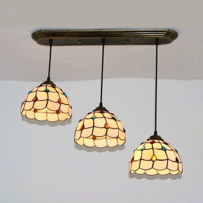 Tiffany Lattice Bowl Pendant Lamp Dining Room 3 Lights Beige/Dimple Glass Hanging Light