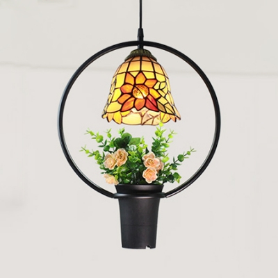 Tiffany Rustic Colorful Ceiling Light with Flower Pot 1 Light Glass Metal Hanging Lamp for Bar