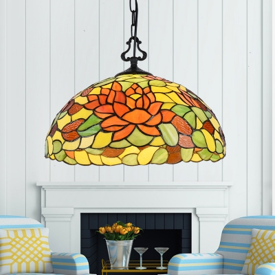 Tiffany Rustic Suspension Light Dome Shade Stained Glass 1 Light Flowers/Victorian Ceiling Light for Foyer