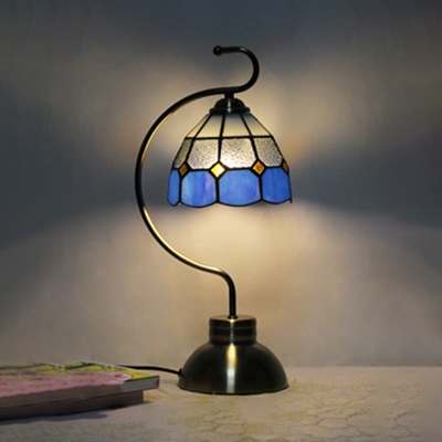 Tiffany Traditional Bowl Desk Light Stained Glass Single Light Blue Desk Lamp for Cafe Bedroom