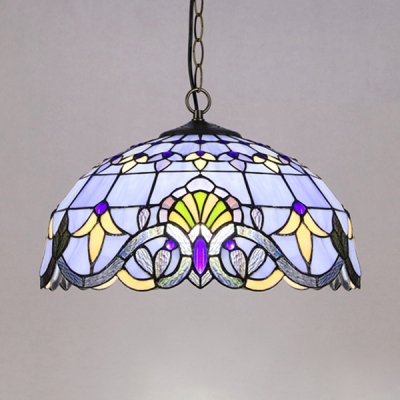Tiffany Victorian Blue/White Pendant Light Dome Shade 1 Light Stained Glass Hanging Lamp for Bedroom