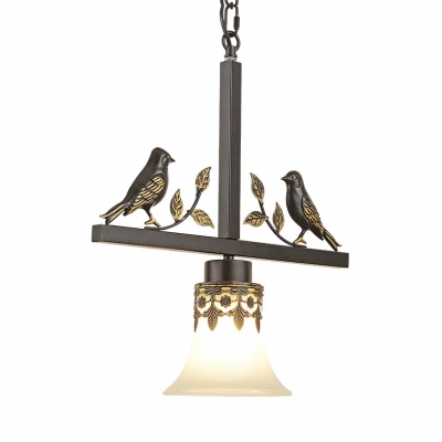 Traditional Bell Shade Pendant Lamp Frosted Glass 1 Light White Suspension Light with Bird Decoration for Bedroom