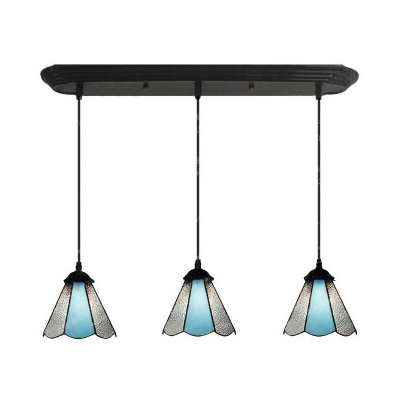 Traditional Blue Ceiling Pendant Cone/Mix Shade 3 Lights Art Glass Island Lamp for Dining Table