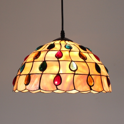 Traditional Scalloped Hanging Light with Colorful Beads Shell Beige Pendant Lamp for Hallway