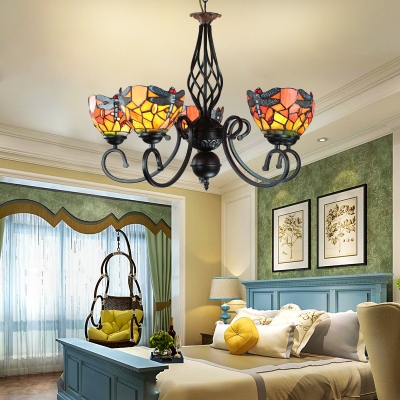 Villa Hotel Dragonfly Pendant Light Stained Glass 5 Lights Tiffany Style Rustic Chandelier