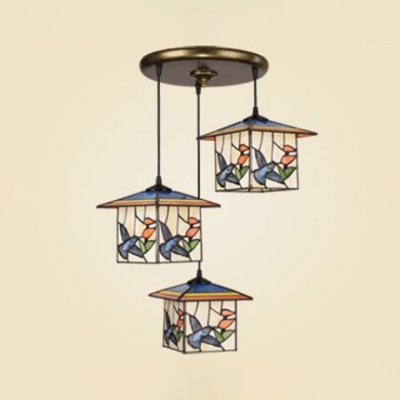 Vintage Style Lodge Hanging Light with Bird 3 Lights Stained Glass Hanging Lamp for Kid Bedroom