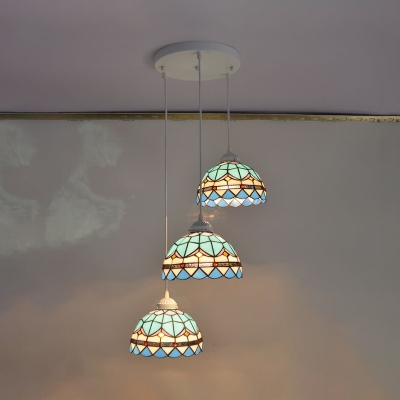 Vintage Style Peacock Tail Pendant Light 3 Lights Stained Glass Hanging Light in Blue for Dining Table