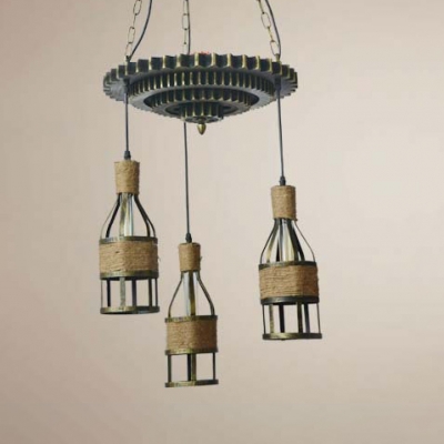 Wine Bottle Cafe Hanging Light with Gear Metal 3 Lights Vintage Style Ceiling Pendant in Brass