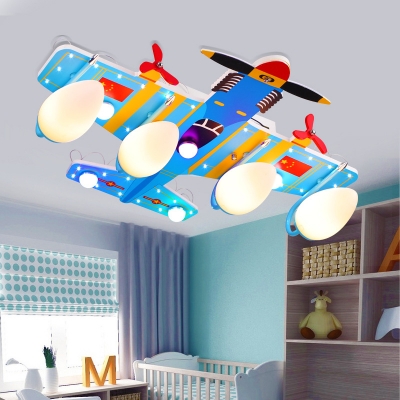 Wood Propeller Airplane Flush Mount Light Modern Style LED Ceiling Light in Blue for Kid Bedroom