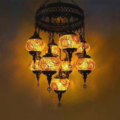 Wrought Iron Round Chandelier Villa 9 Lights Turkish Mosaic Pendant Lamp in Coffee/Gold/Off-White