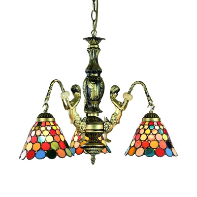 3 Lights Cone Pendant Lamp with Mermaid Tiffany Style Antique Chandelier for Kitchen
