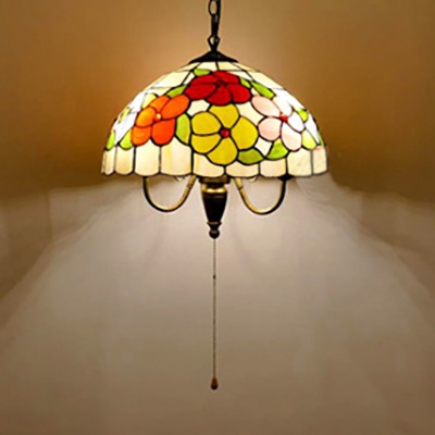 3 Lights Flower/Grape Suspension Light Rustic Stained Glass Pendant Lamp with Pull Chain for Bedroom
