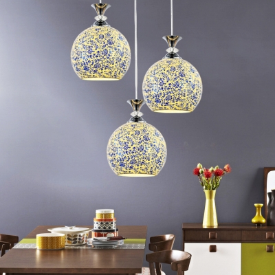 3 Lights Globe Pendant Light Morocco Style Glass Suspension Light in Chrome/Blue for Hallway