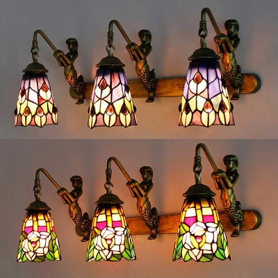 3 Lights Mermaid Wall Sconce with Flower/Peacock Tail Rustic Stained Glass Wall Light for Bedroom
