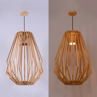 Rustic Style Diamond Hanging Light Wood 1 Light Beige Pendant Lamp for Restaurant Study Room