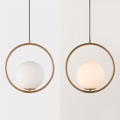 One Light Spherical Hanging Light Simple Contemporary Milk Glass Pendant Light in Gold for Bathroom