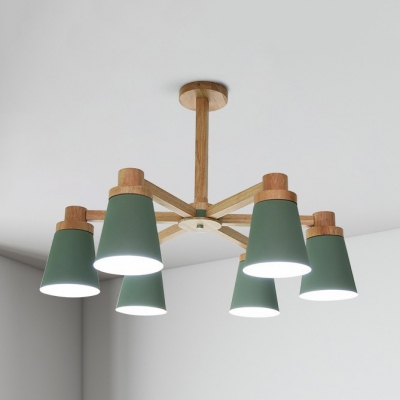 6/8 Lights Tapered Shade Pendant Light Modern Wood Chandelier in Green for Living Room
