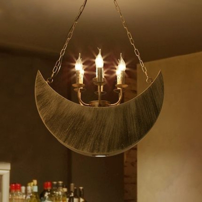 7 Lights Candle Pendant Light with Moon Decoration Antique Metal Hanging Light in Aged Brass for Bar