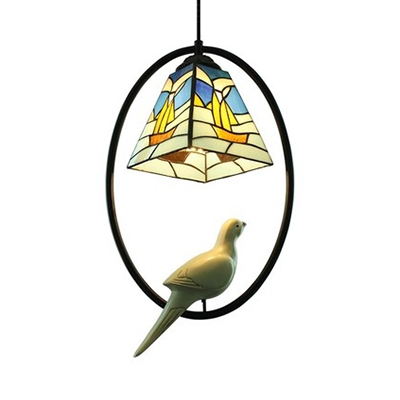 Antique Craftsman/House/Rectangle Pendant Light 1 Light Stained Glass Ceiling Lamp with Bird for Balcony