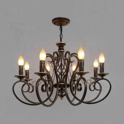 Antique Flameless Candle Chandelier Metal 6/8 Lights Black Suspension Light for Living Room
