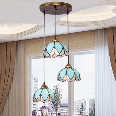 Art Glass Bowl Pendant Light Cloth Shop 3 Lights Tiffany Traditional Hanging Light in Blue/Pink/Yellow