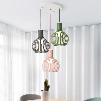 Balcony Wire Frame Suspension Light Metal 3 Lights Nordic Style Macaron Colored Pendant Lamp