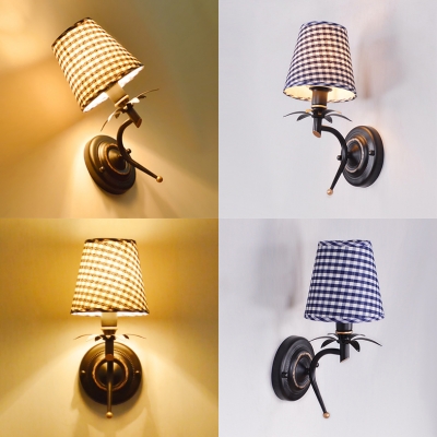 Bedroom Tapered Shade Wall Light Lattice Fabric 1 Light Traditional Style Blue Sconce Light