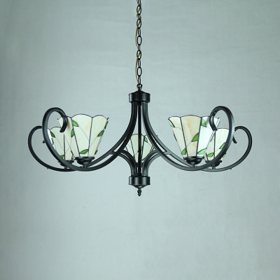 Beige Cone Suspension Light 3/5/6/8 Lights Tiffany Style Rustic Glass Chandelier with Leaf for Home