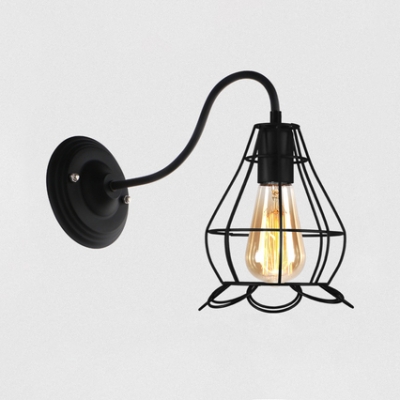 Black Finish Cage Wall Lamp 1 Light Antique Style Black Wall Light for Hallway Stair