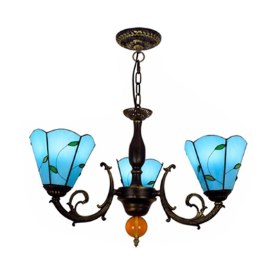 Blue Cone Shade Chandelier 3 Lights Rustic Style Glass Hanging Lamp with Leaf for Bedroom