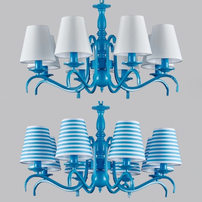 Blue/White Tapered Shade Chandelier 8 Lights Mediterranean Style Metal Suspension Light for Living Room