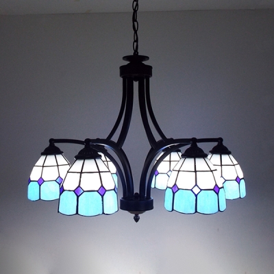 Blue/Yellow Pendant Lamp 6 Lights Tiffany Style Stained Glass Chandelier for Bedroom Hotel