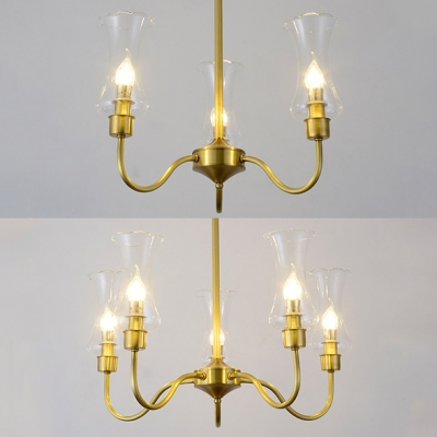 Candle Shape Stair Hallway Chandelier Metal 3/5 Lights Colonial Style Pendant Light in Brass