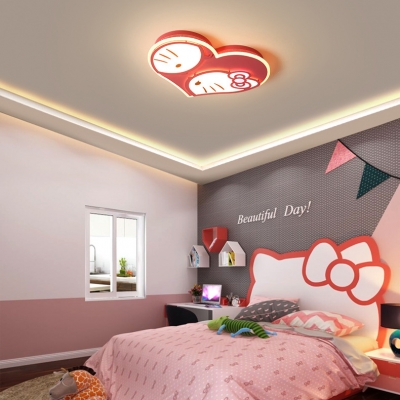 Cartoon Heart Kitty Flush Ceiling Light Metal LED Ceiling Lamp in Warm/White for Girls Bedroom