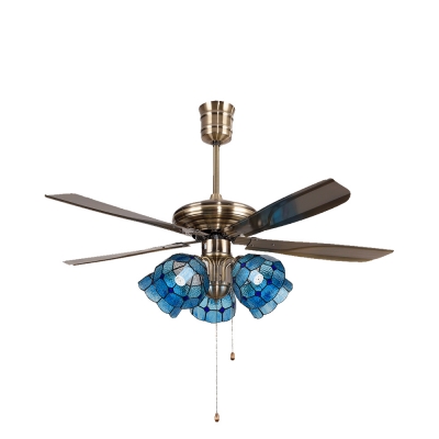 Dome Shade Villa Ceiling Fan Wood 4 Blade 5 Shade Tiffany Semi Ceiling Lamp with Pull Chain