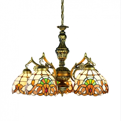 Domed Shade Ceiling Pendant 5 Lights Tiffany Style Victorian Stained Glass Chandelier for Hotel