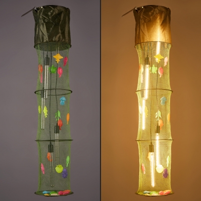 Fabric Cylinder Fish Net Hanging Light Restaurant 5 Lights Creative Pendant Light with Colorful Fish