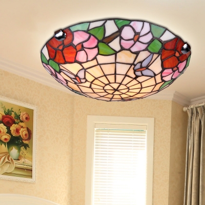 Floral Theme Domed Flushmount Light Rustic Stylish Stained Glass Ceiling Light for Villa