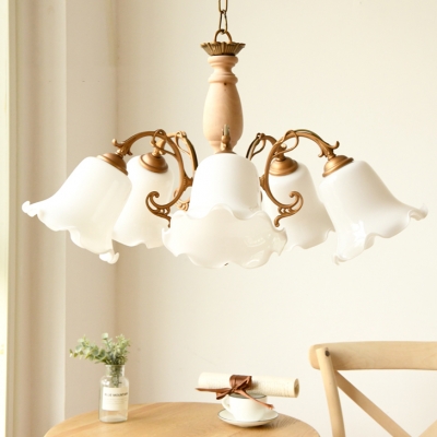 Flower Shade Hanging Light 5 Lights Rustic Style Frosted Glass Chandelier Light for Dining Room