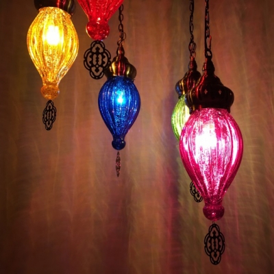 Fluted Glass Teardrop Chandelier KTV Cafe 5 Lights Moroccan Style Suspension Light with Multi-Color