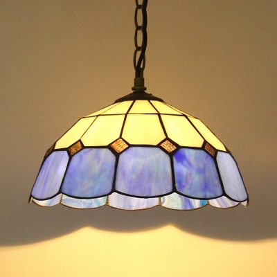Glass Bowl Shade Ceiling Pendant 1 Light Tiffany Antique Hanging Light in Blue/Yellow for Stair