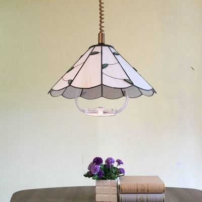 Glass Conical Pendant Light with Green/Pink Leaf Dining Table 1 Light Tiffany Style Pendant Light in White