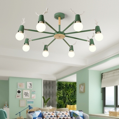 Glass Open Bulb Chandelier with Antlers Living Room 8 Lights Nordic Style Macaron Colored Pendant Light