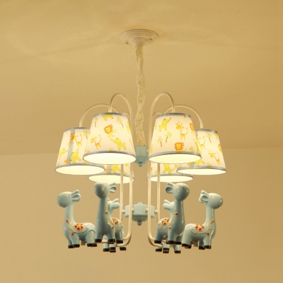 Lovely Blue/Pink Chandelier Tapered Shade 6 Lights Metal Pendant Light with Giraffe for Kid Bedroom