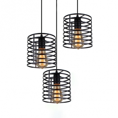 Hollow Cylinder Dining Room Pendant Light Metal 3 Heads Industrial Hanging Lamp in Black Finish