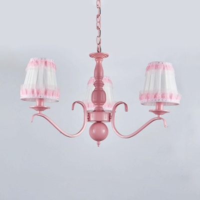 Kid Bedroom Tapered Shade Chandelier with Lace Decoration Metal 3/5/6 Lights Pink Pendant Light